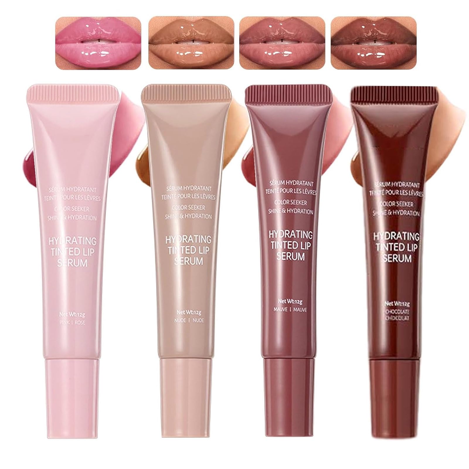 KTouler 4Pcs tinted lip serum gloss set showcases pink to nude shades for everyday moisture.