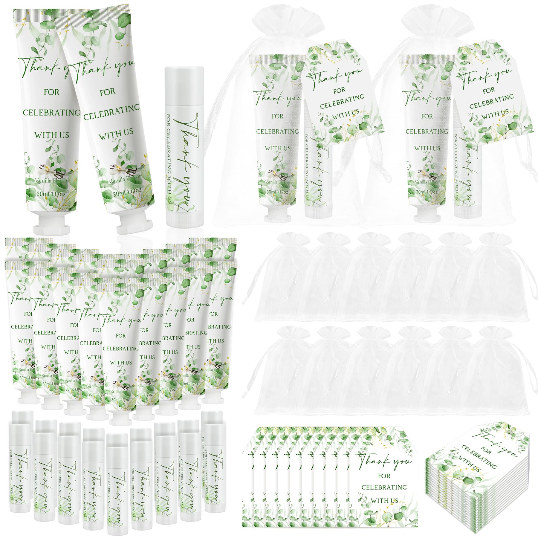 Kuabiz 30-piece hand cream and lip balm kit for elegant wedding favors.