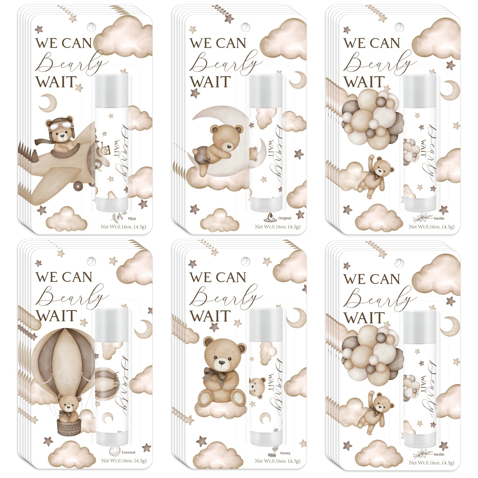Kuabiz We Can Bearly Wait lip balms 30-pack, ideal party favors for guests.