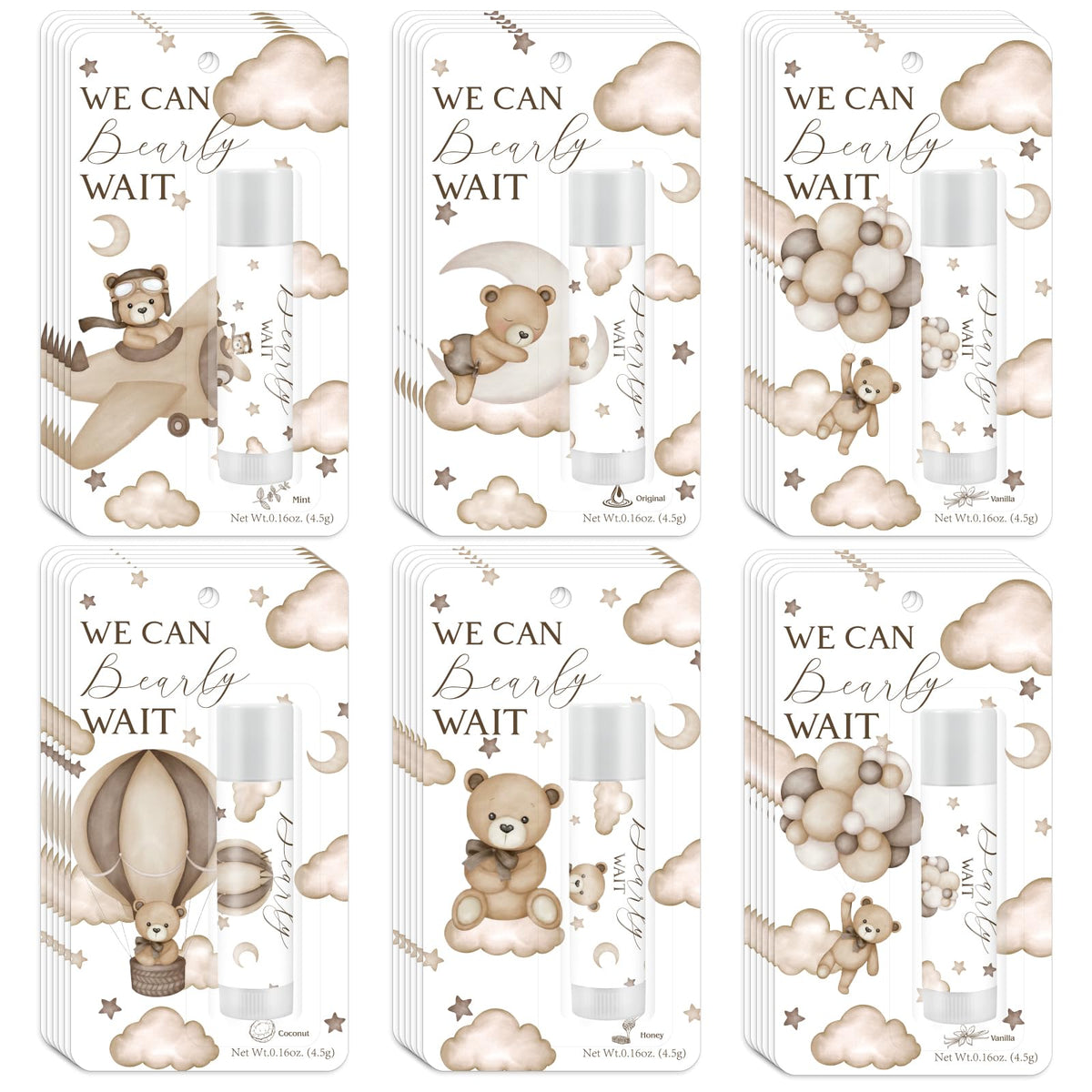 Kuabiz We Can Bearly Wait lip balms 30-pack, ideal party favors for guests.