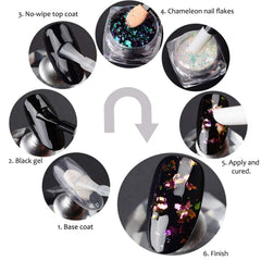 KUKA broken-glass effect nails with chameleon flakes in home manicure