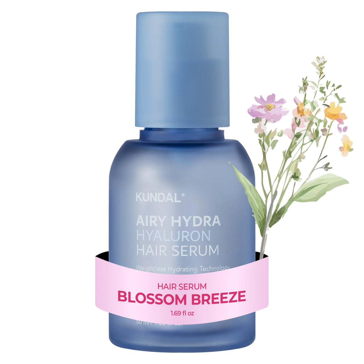 KUNDAL Blossom Breeze serum bottle shows lightweight hydration for fine hair.