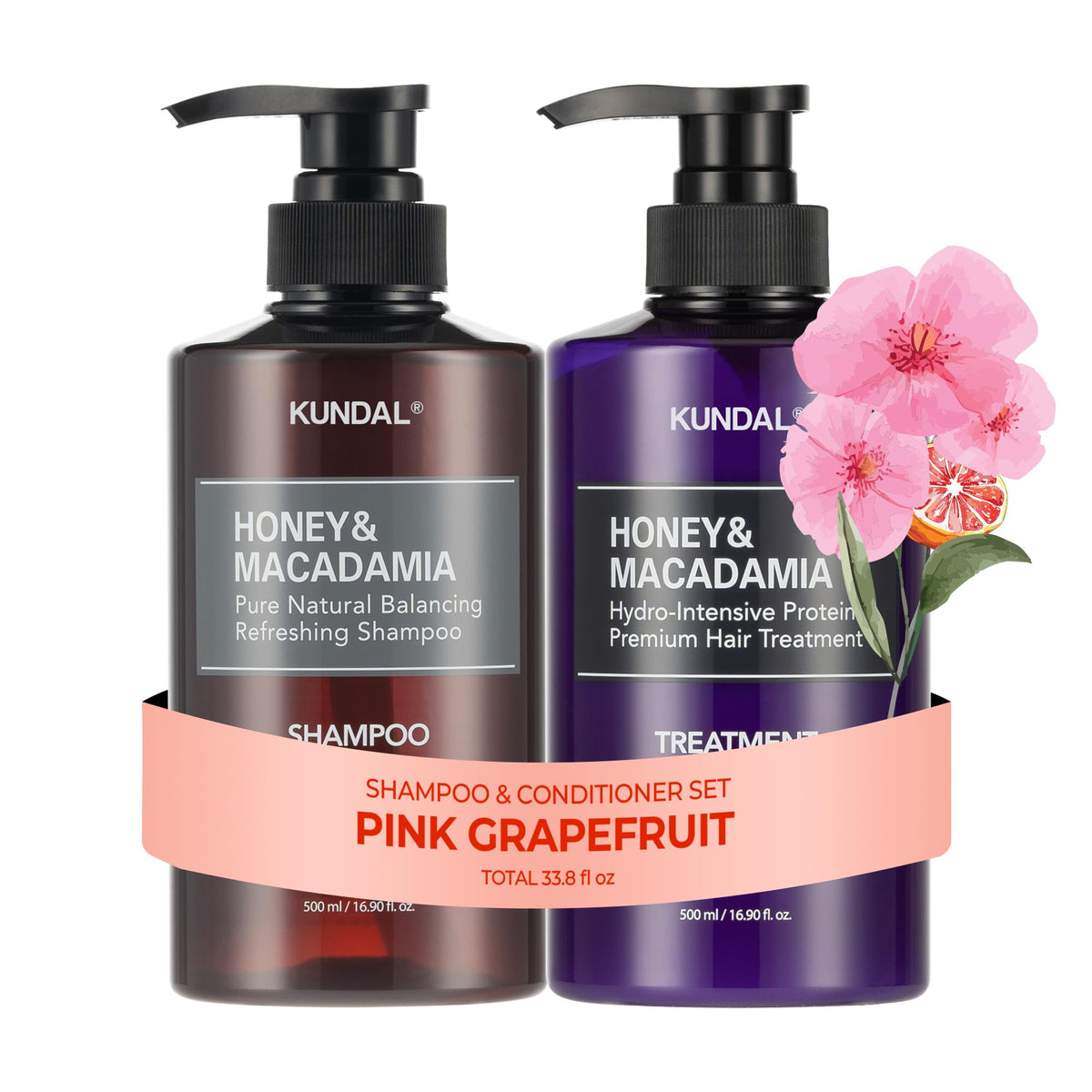 KUNDAL Pink Grapefruit shampoo bottle highlights sulfate-free formula and refreshing scent.