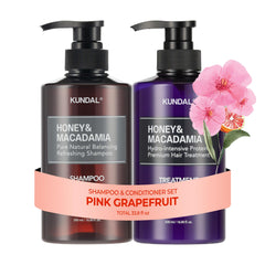 KUNDAL Pink Grapefruit shampoo bottle highlights sulfate-free formula and refreshing scent.