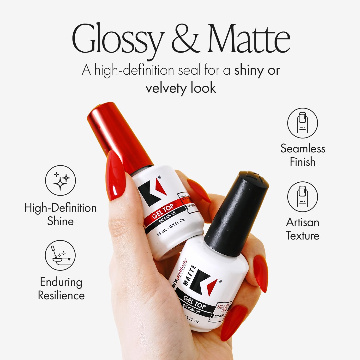 KUPA Gelfinity top coat gloss bottle provides high-shine, no-wipe finish.