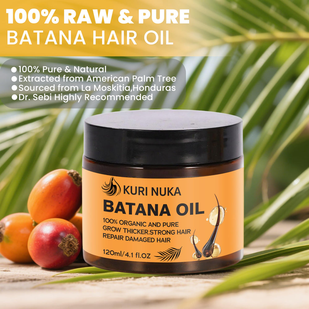 Kuri Nuka Batana Oil label close-up highlighting purity for healthy hair.