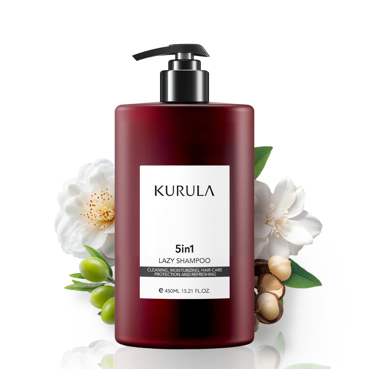 Kurula shampoo bottle front view, all-in-one care