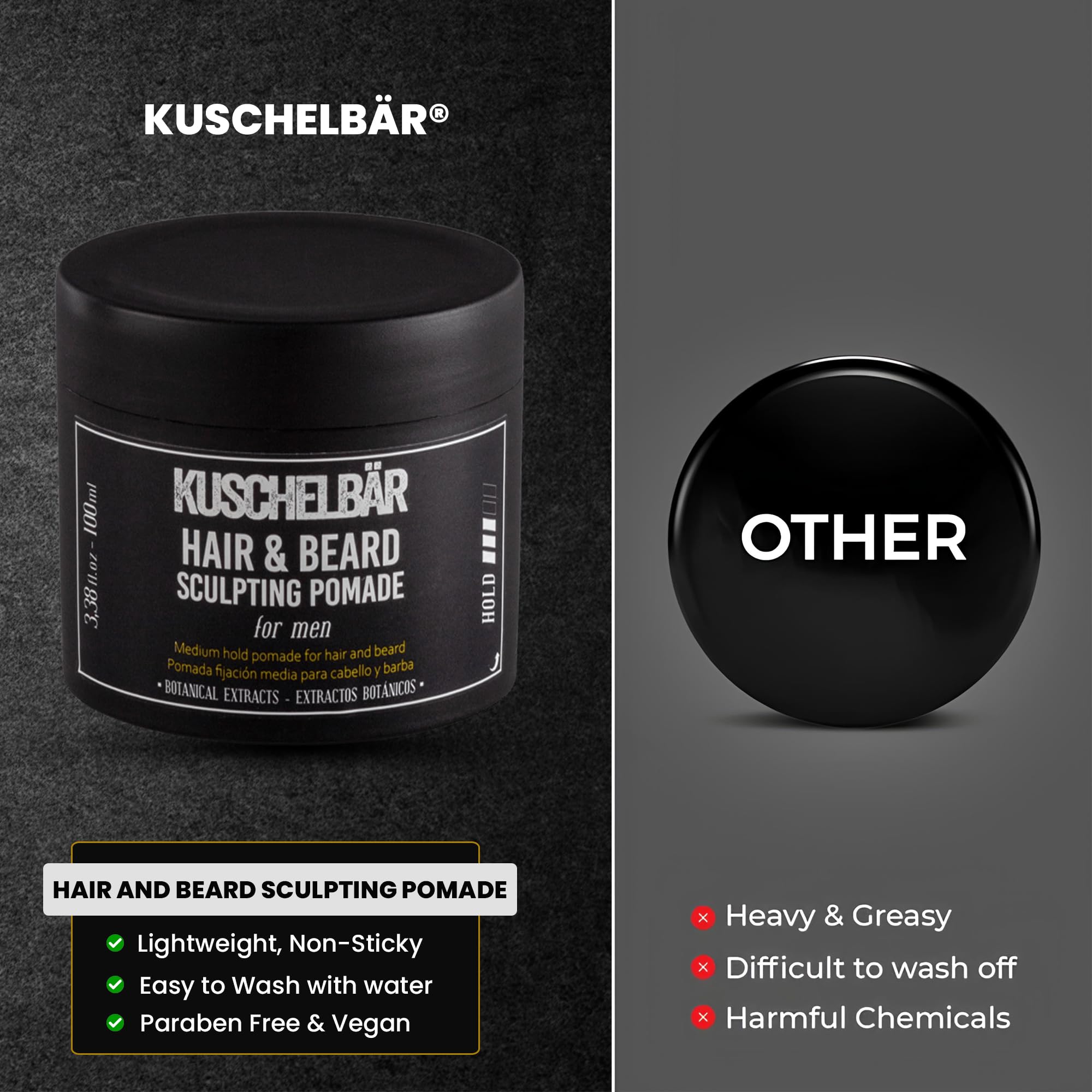 Kuschelbär mustache styling with pomade for a neat look