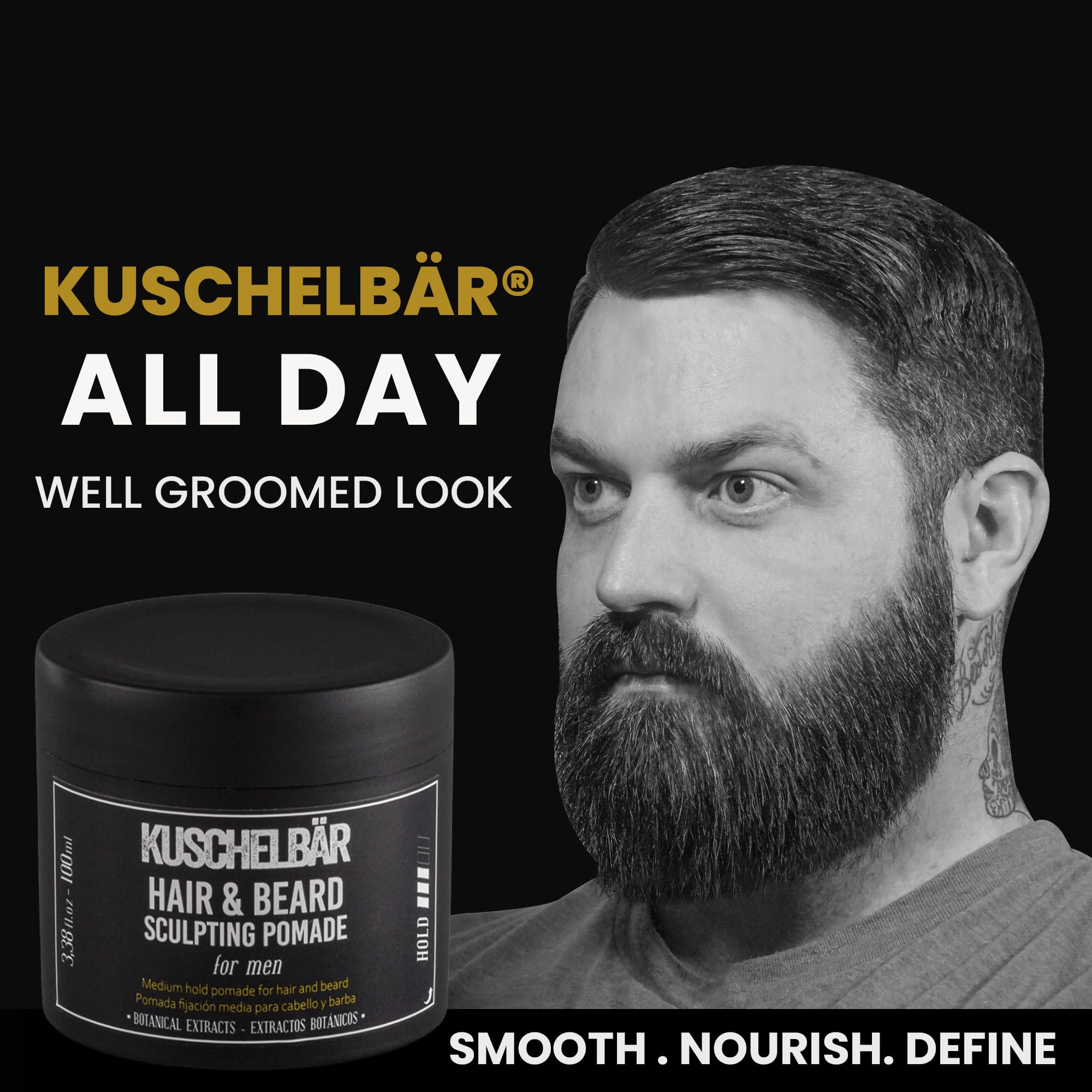 Kuschelbär pomade jar display highlighting natural extracts for beard care