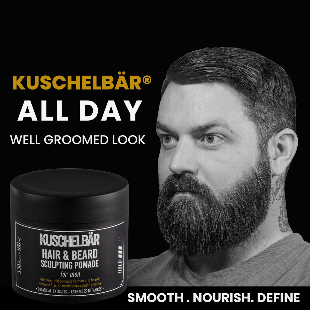 Kuschelbär pomade jar display highlighting natural extracts for beard care