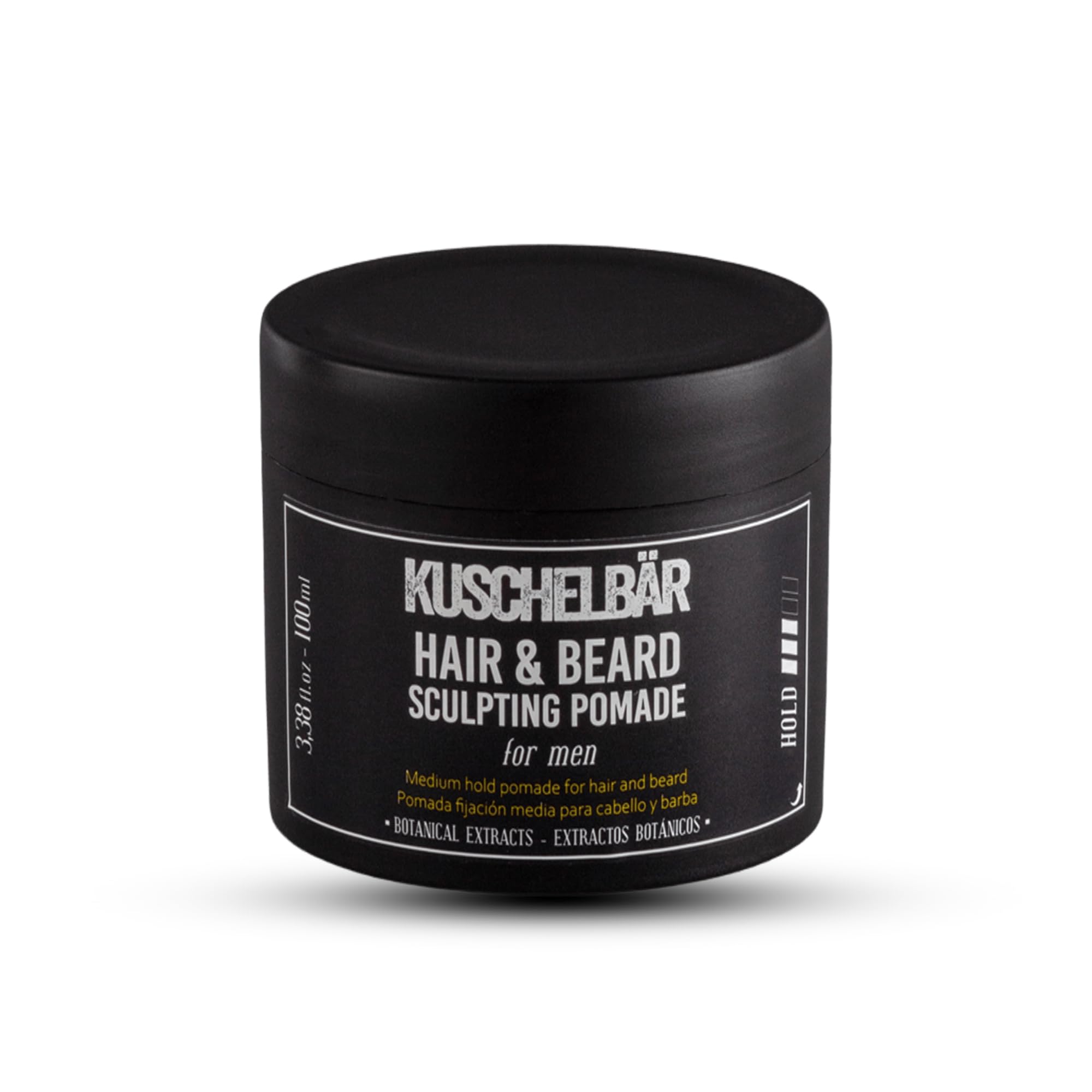 Kuschelbär pomade packaging close-up showing strong hold for grooming