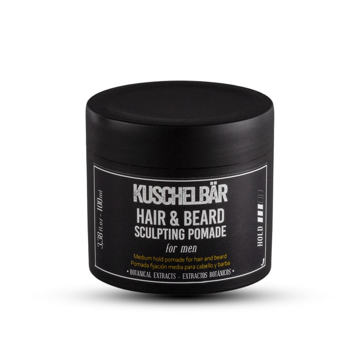 Kuschelbär pomade packaging close-up showing strong hold for grooming