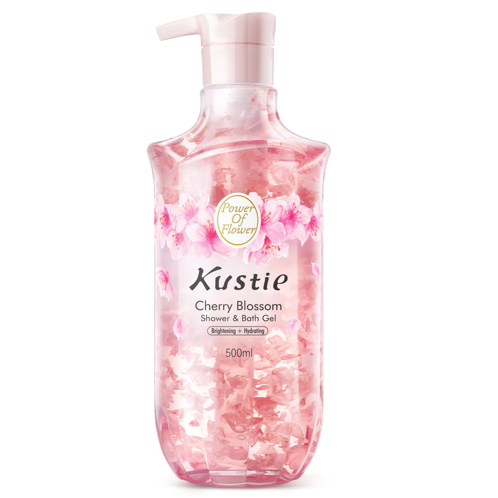 Kustie Cherry Blossom Petal Wash bottle with real sakura petals for a spa-like cleanse.