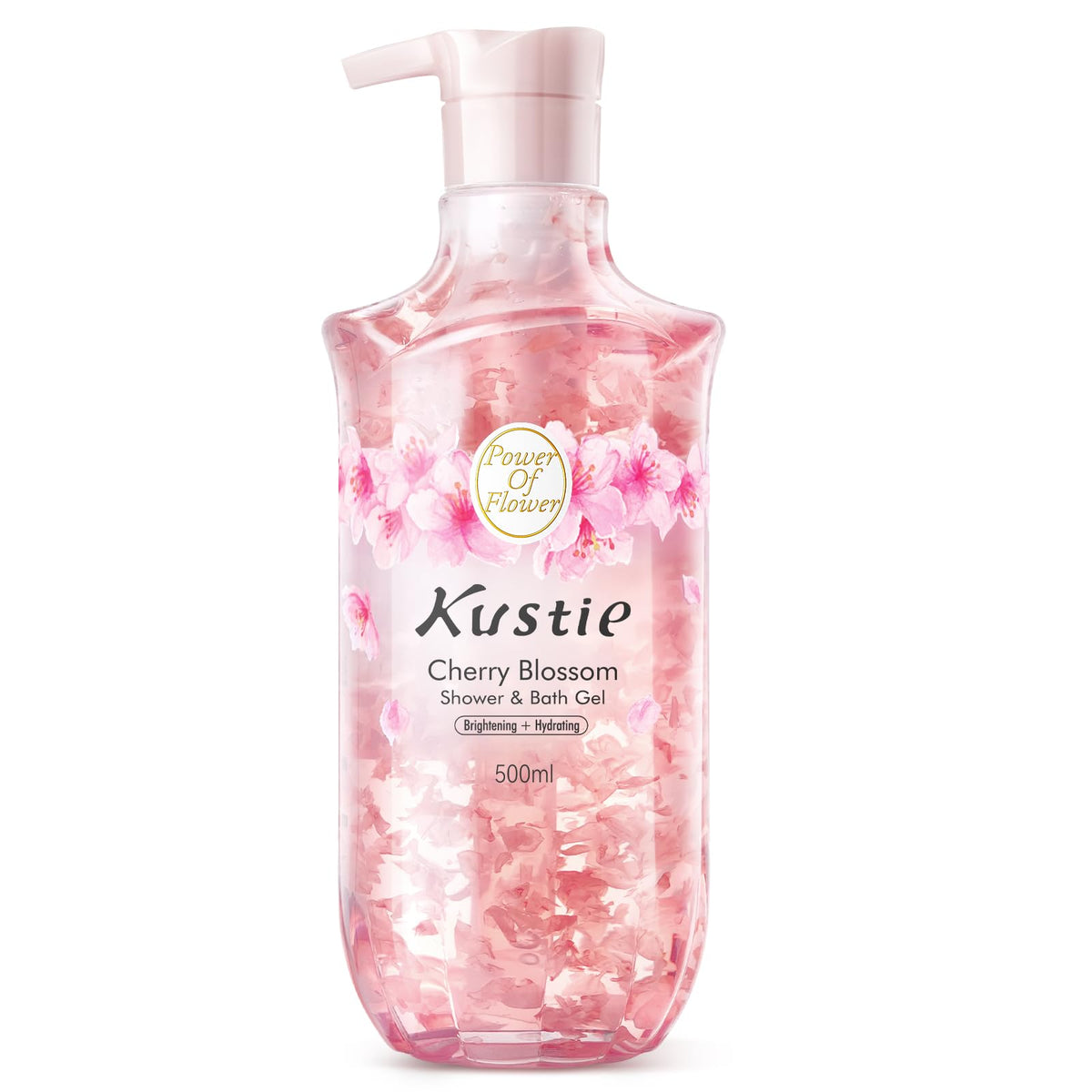 Kustie Cherry Blossom Petal Wash bottle with real sakura petals for a spa-like cleanse.
