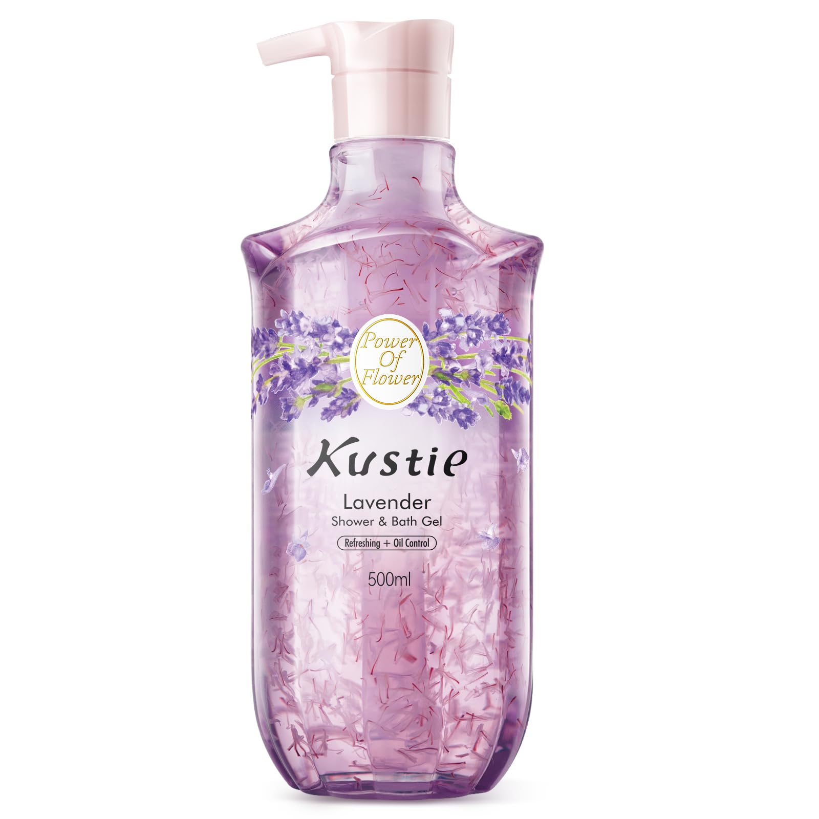 Kustie Lavender Petal Body Wash bottle pours with visible petals for an oil-balancing cleanse.