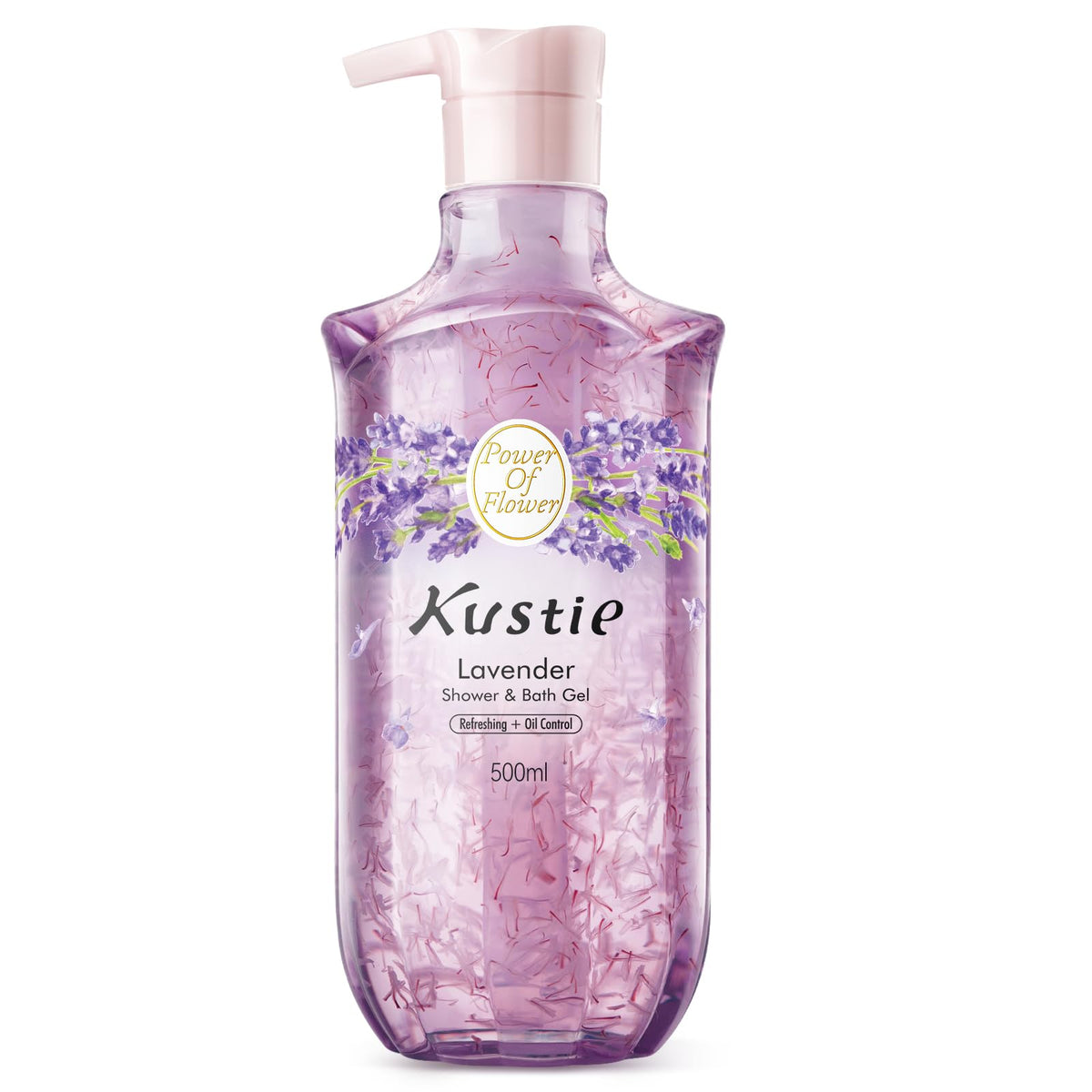 Kustie Lavender Petal Body Wash bottle pours with visible petals for an oil-balancing cleanse.