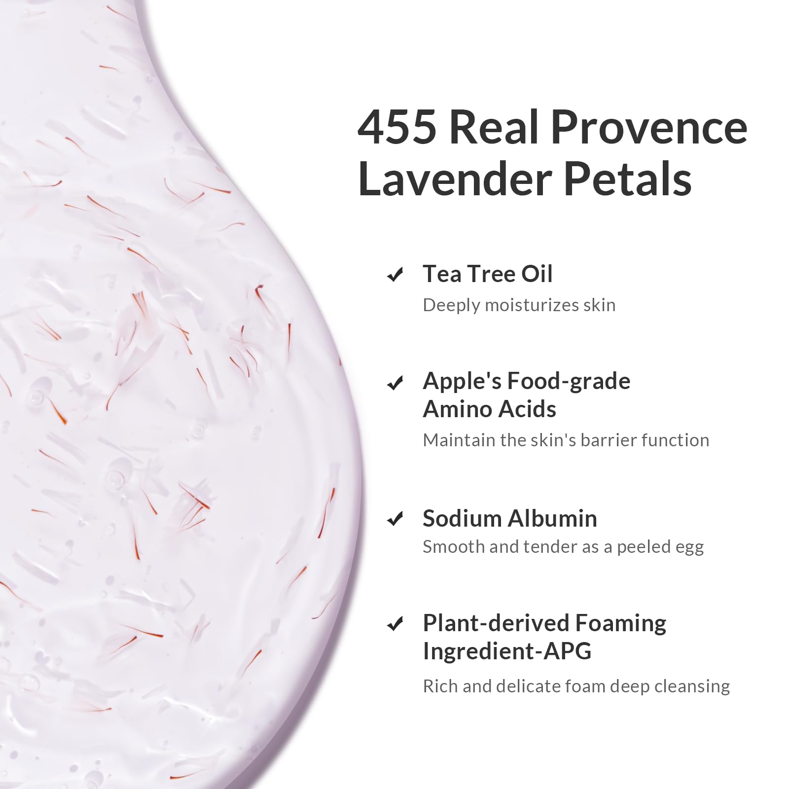 Kustie Lavender Petal Body Wash bottle shows petals, signaling a botanical spa-like cleanse.