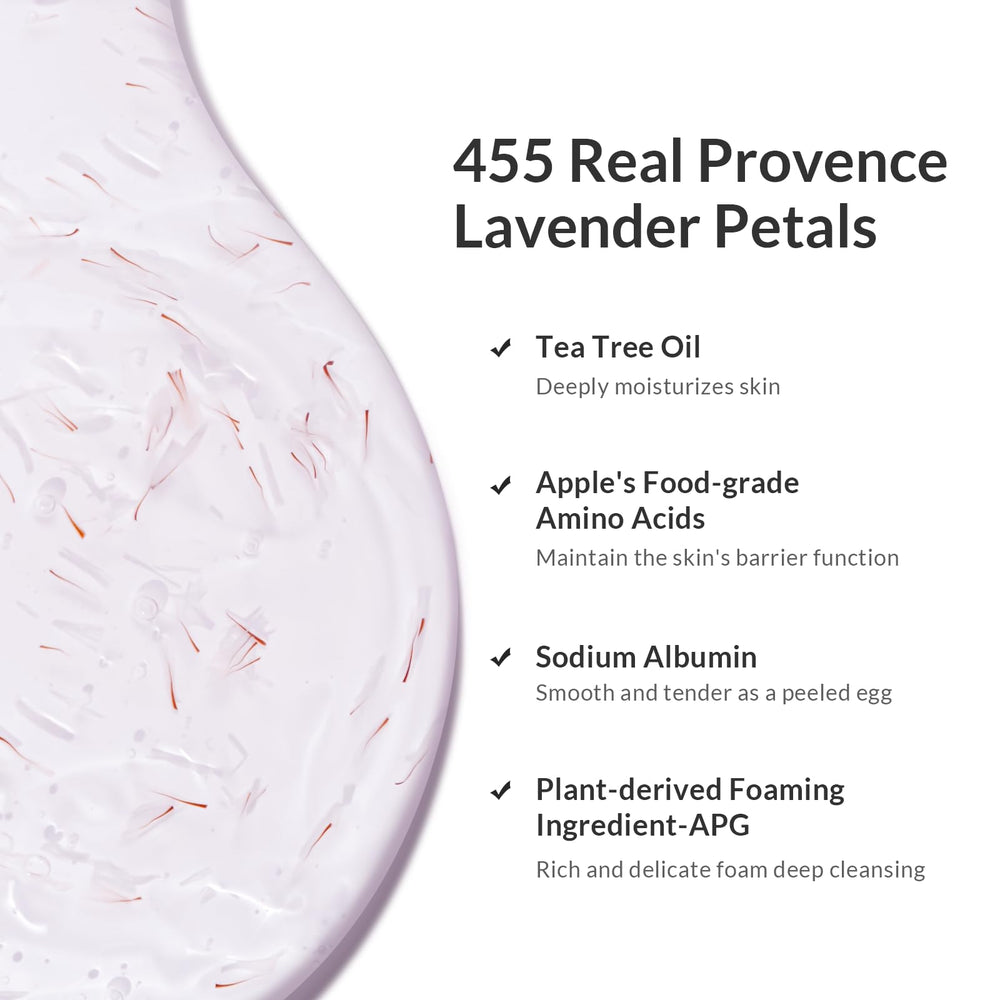 Kustie Lavender Petal Body Wash bottle shows petals, signaling a botanical spa-like cleanse.