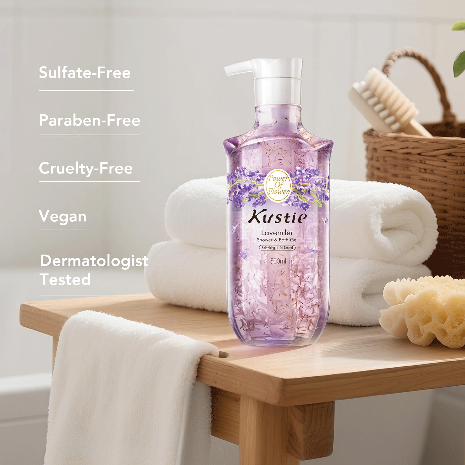 Kustie Lavender Petal Body Wash display adds spa-like bathroom aesthetics.