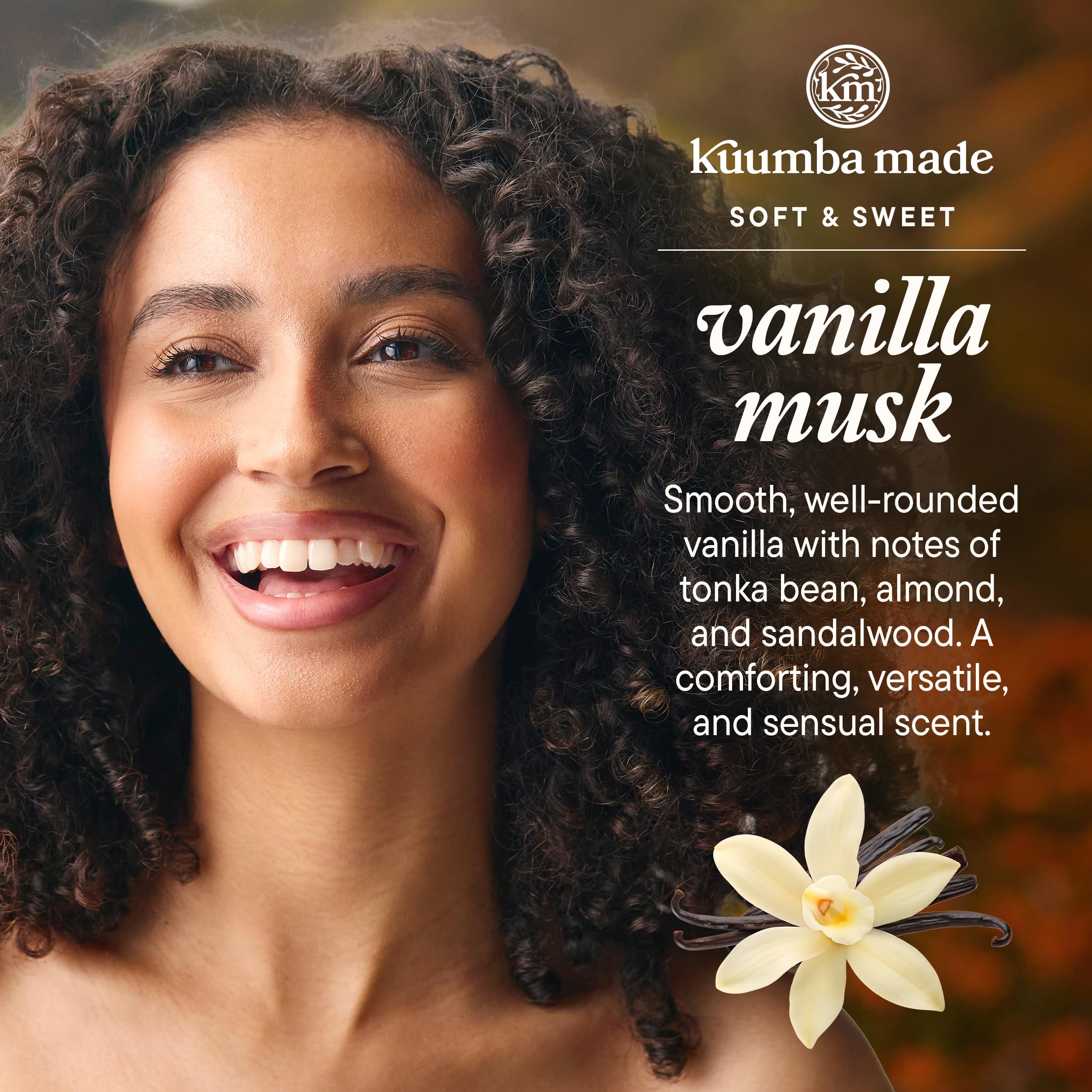 Kuumba Made Vanilla Musk packaging featuring top notes concept.