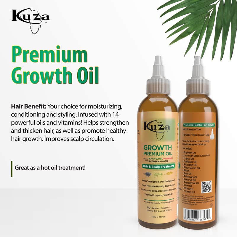 Kuza Premium Growth Oil ingredients close-up featuring black cumin and rosemary for scalp care.