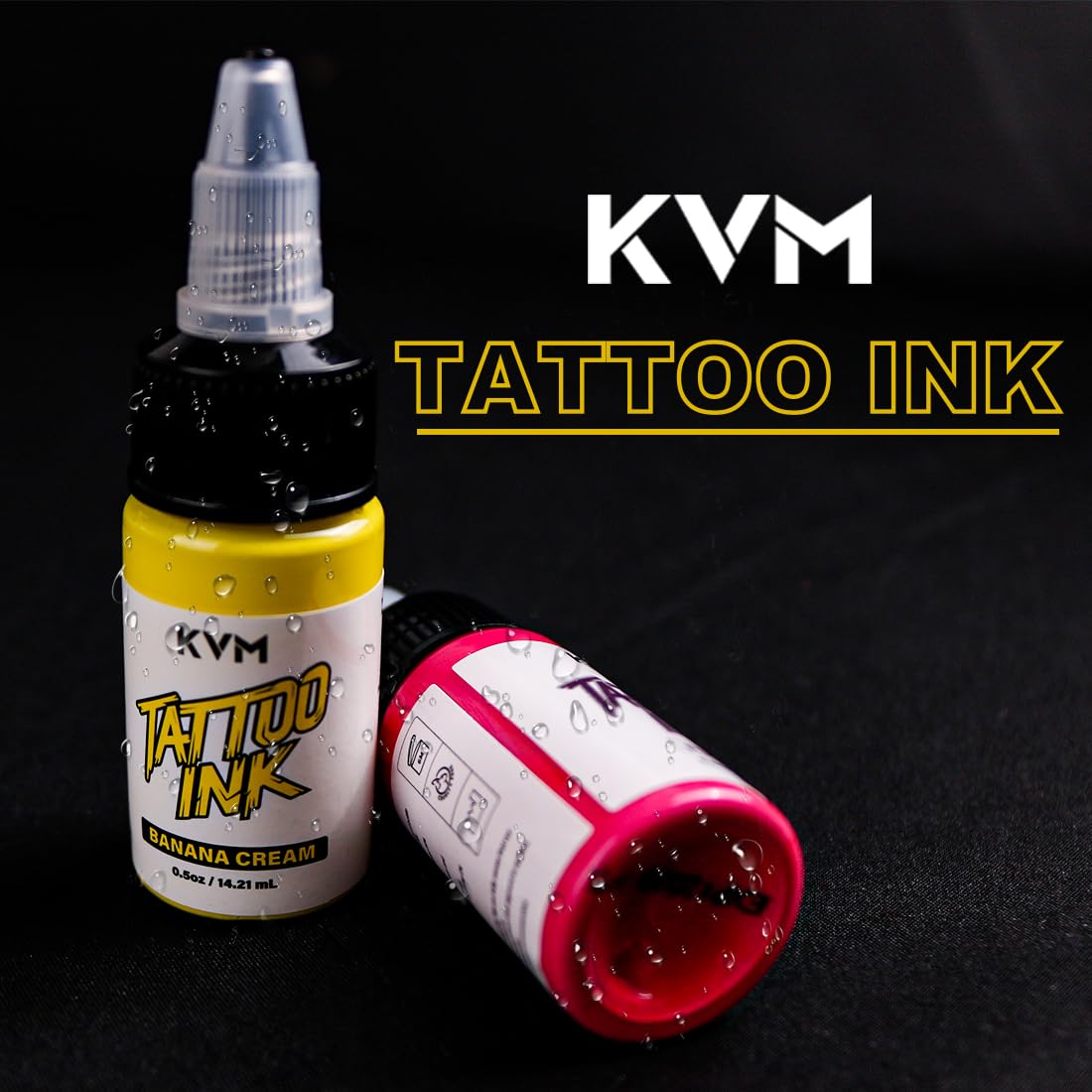 KVM Tattoo Ink 28-color bottle close-up emphasizing smooth flow