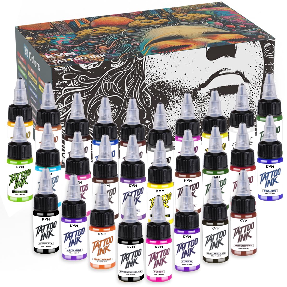 KVM Tattoo Ink 28-color bottles close-up showing vibrant pigments for professional work