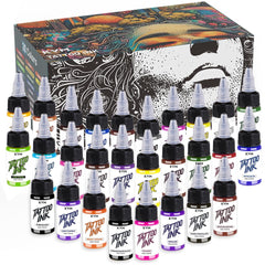 KVM Tattoo Ink 28-color bottles close-up showing vibrant pigments for professional work
