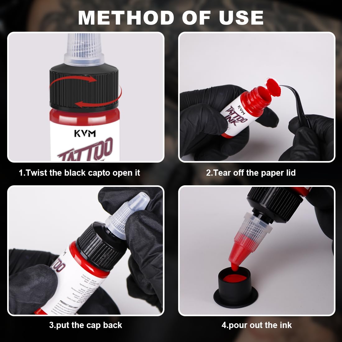 KVM Tattoo Ink 28-color bottles on desk illustrating portable studio packaging
