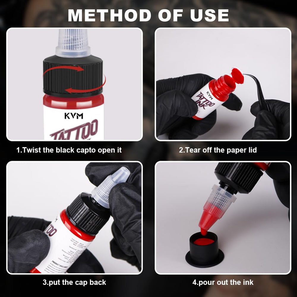 KVM Tattoo Ink 28-color bottles on desk illustrating portable studio packaging