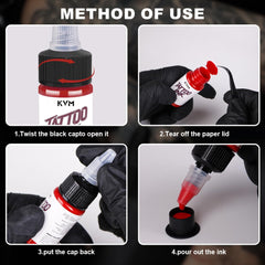 KVM Tattoo Ink 28-color bottles on desk illustrating portable studio packaging