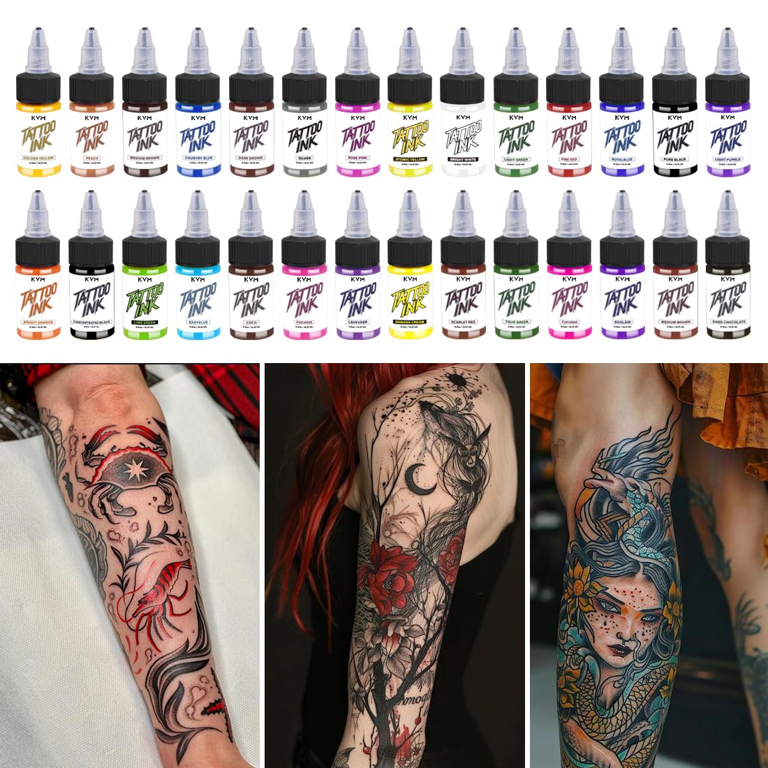 KVM Tattoo Ink 28-color bottles on a surface for easy color mixing