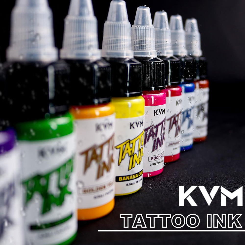 KVM Tattoo Ink 28-color studio setup ready for diverse designs