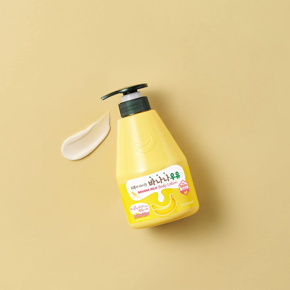 Kwailnara Banana Milk Body Lotion on bathroom shelf with soft lighting