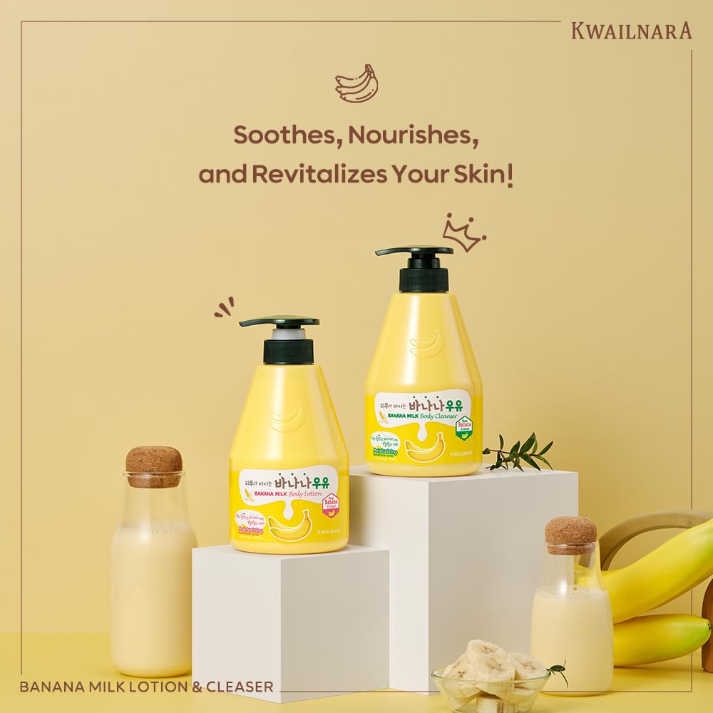 Pouring Kwailnara Banana Milk Body Lotion from the bottle shows smooth texture in use