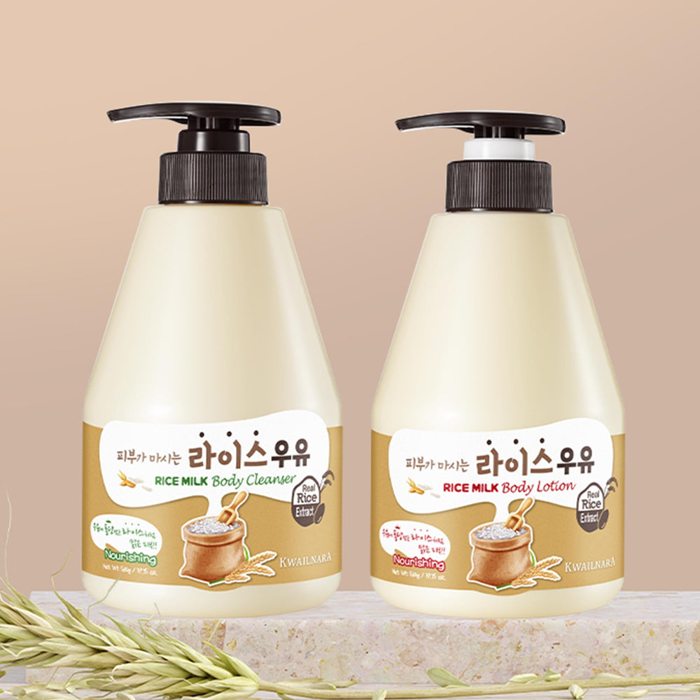 Kwailnara Rice Milk set on a bathroom shelf for daily routine.