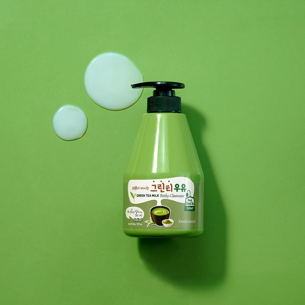 Kwailnara Green Tea Milk Body Wash on bathroom shelf with easy to use size.