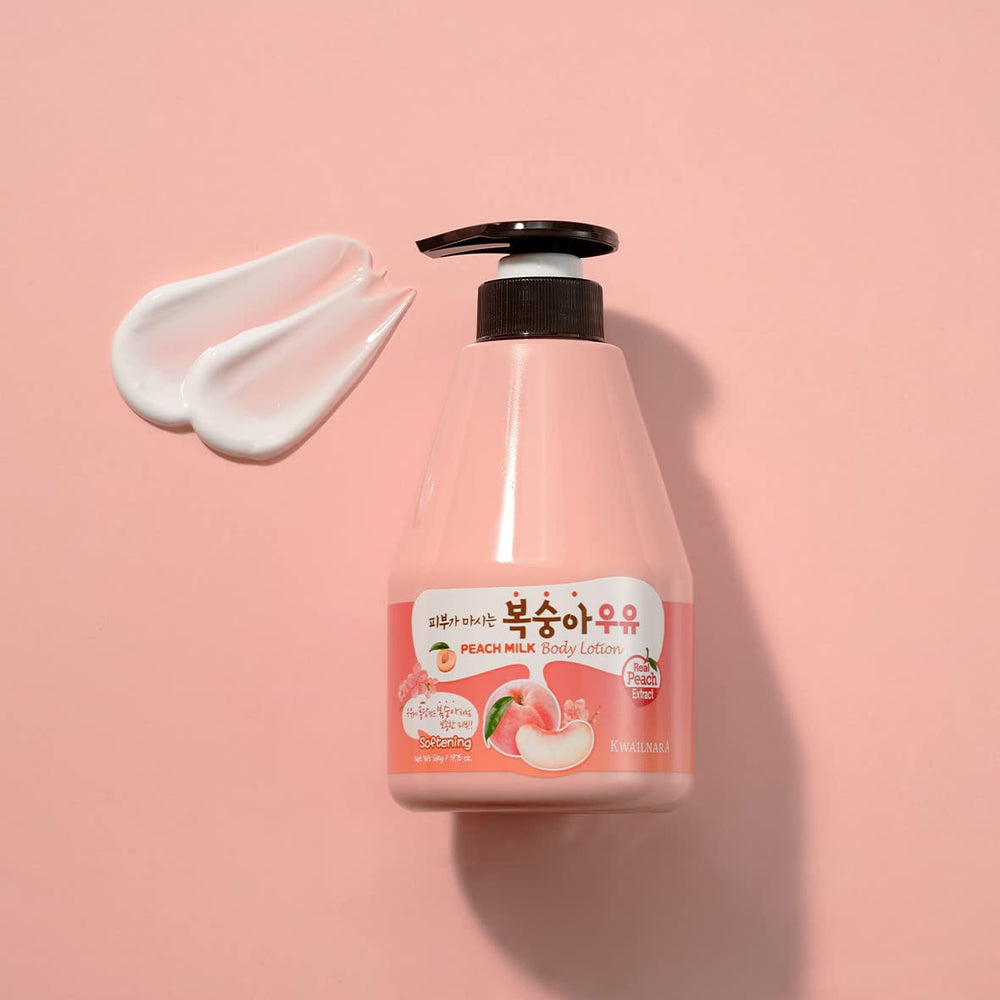 Kwailnara WELCOS Peach Milk Set on a bathroom shelf for daily skincare