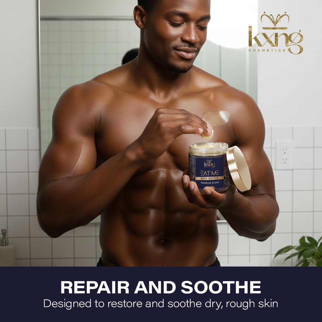Ingredients panel of KXNG Cosmetics body butter highlights nourishing oils.