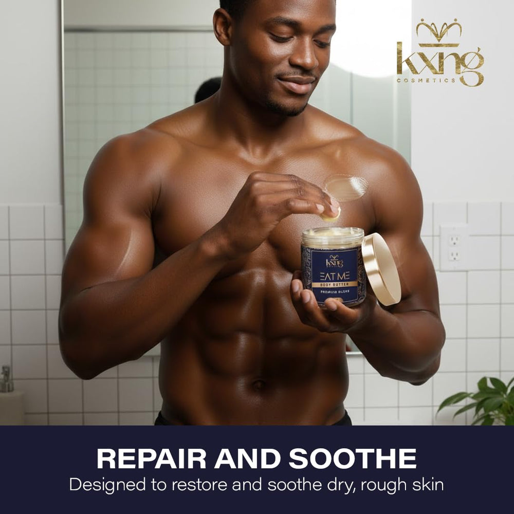 Ingredients panel of KXNG Cosmetics body butter highlights nourishing oils.