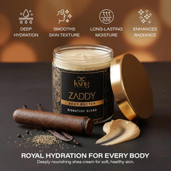 KXNG Cosmetics Zaddy Body Butter packaging highlights premium ingredients