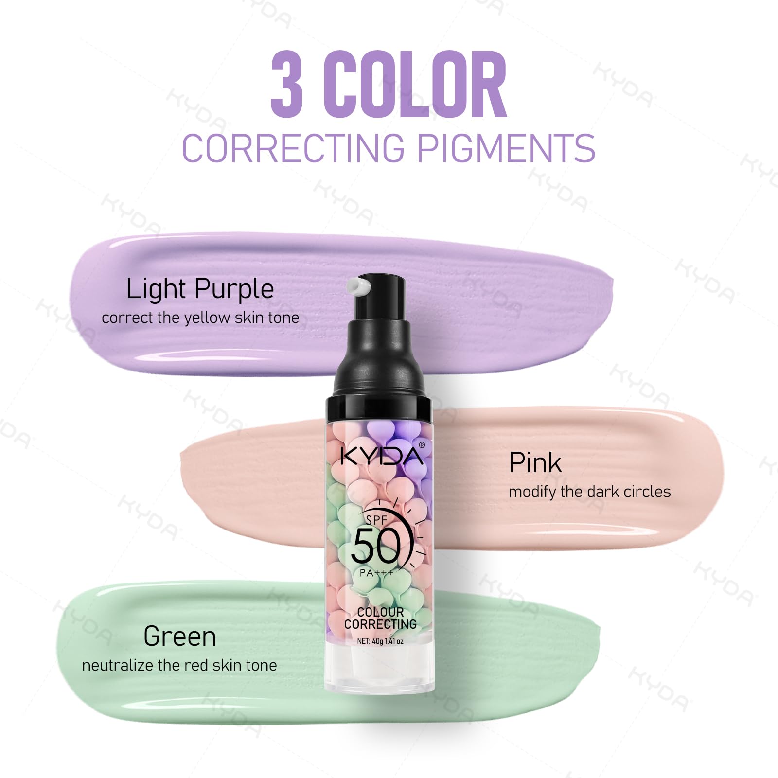 KYDA 3-in-1 primer green bottle neutralizes redness for a calmer complexion.