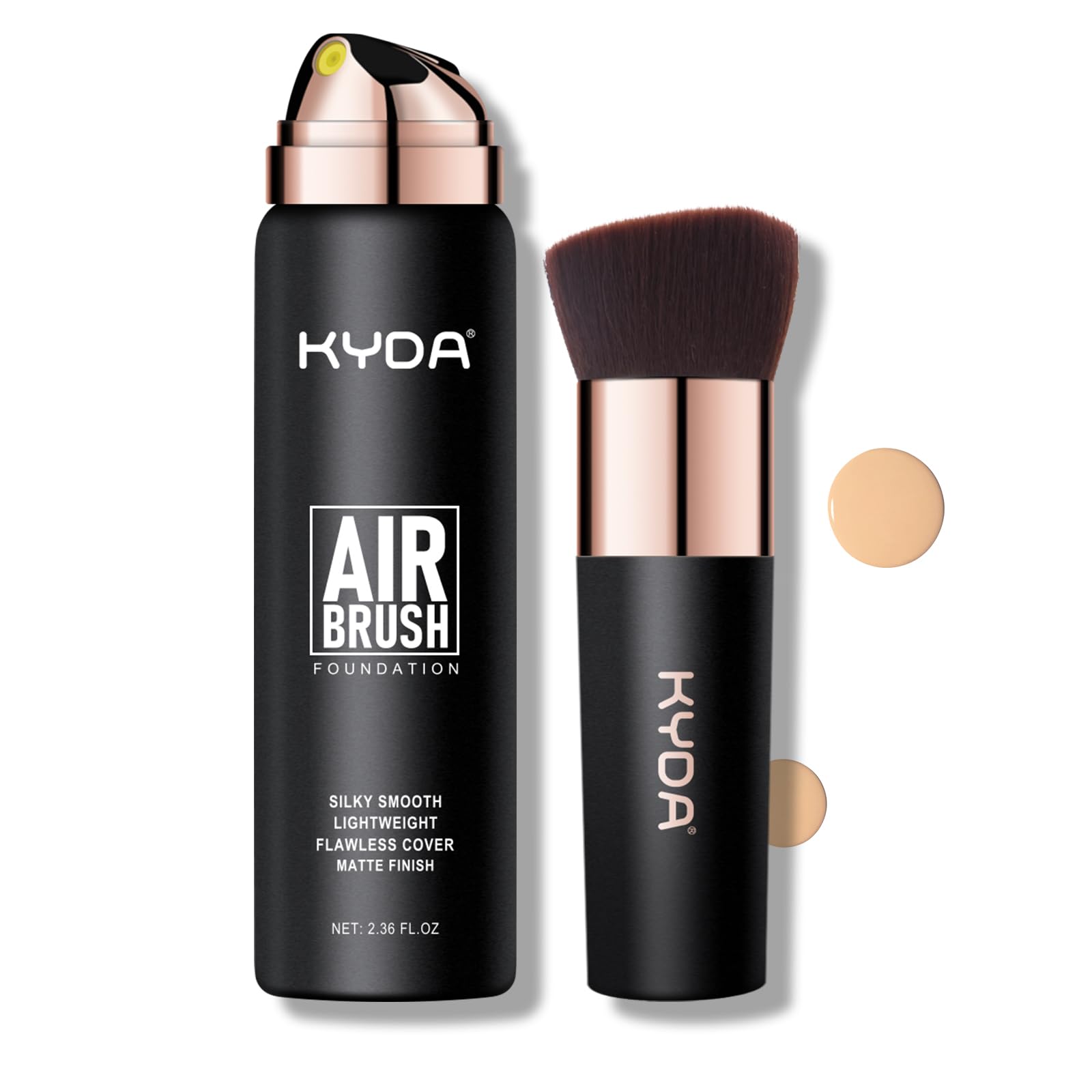 KYDA AirBrush Foundation Spray bottle closeup for quick, even coverage.