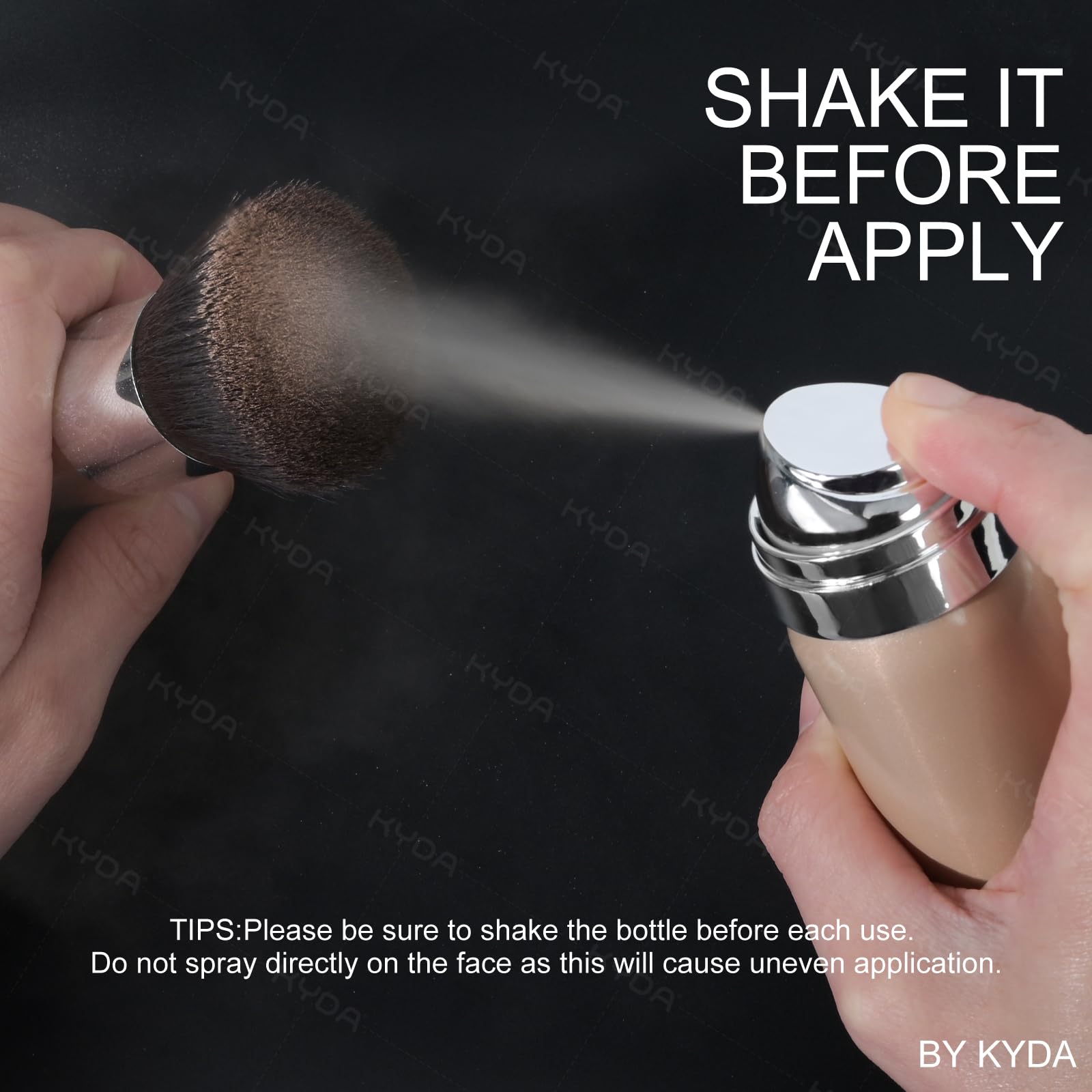 KYDA application puff with spray foundation demonstrates blendable texture for natural nude finish