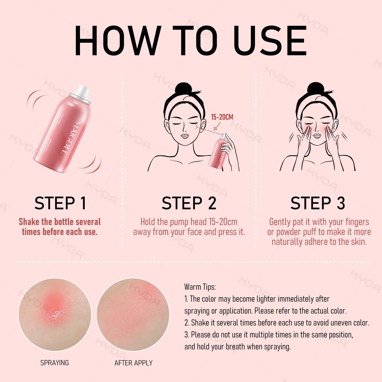 KYDA Liquid Blush Spray dewy finish after application