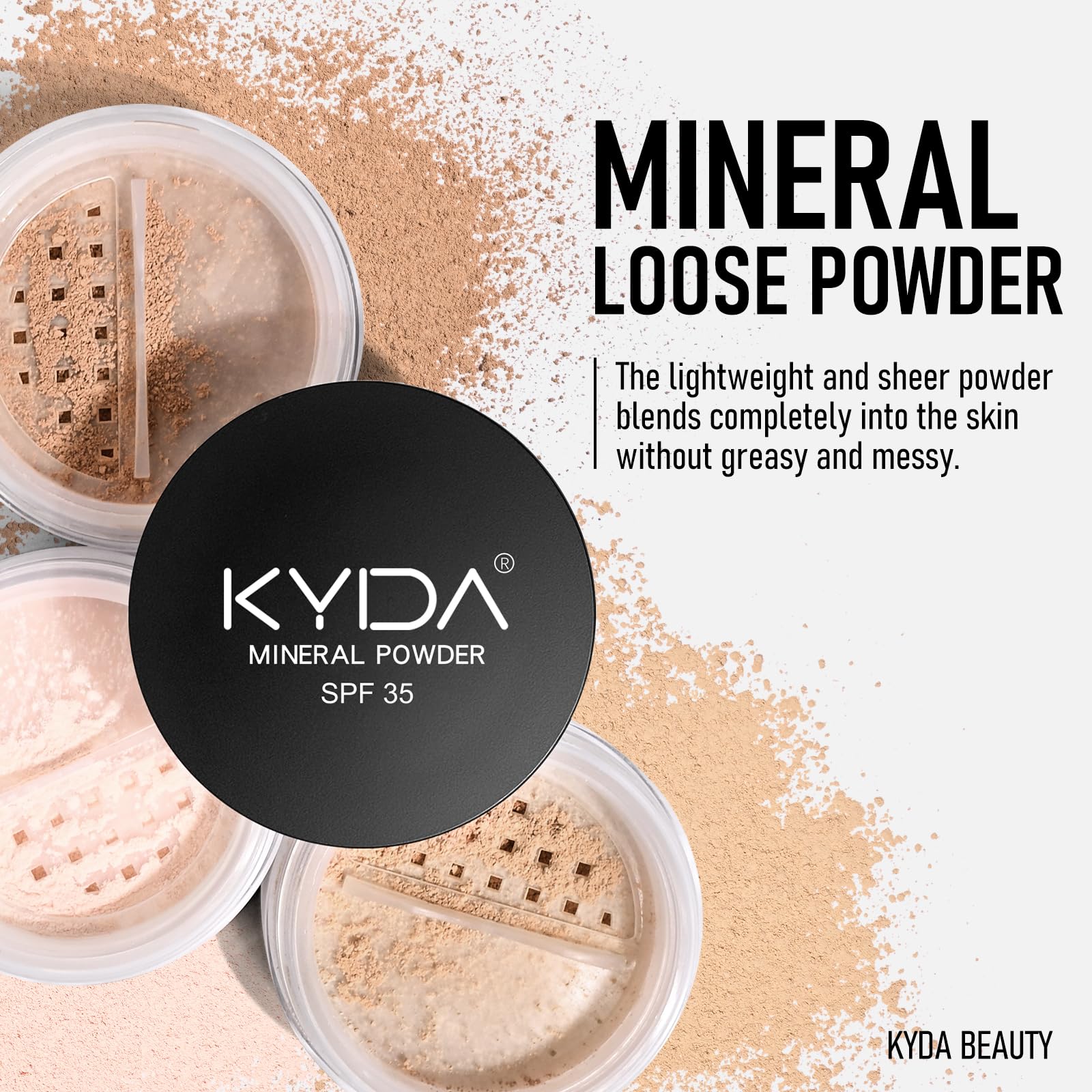 KYDA Mineral Powder Foundation SPF 35 label emphasizes sun protection during daily wear