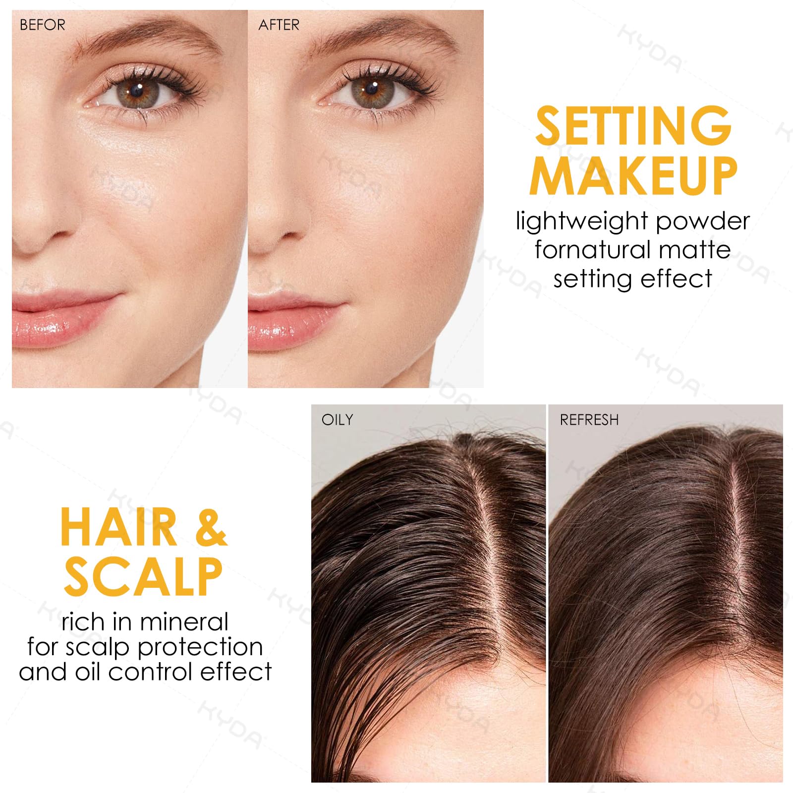 KYDA Mineral Sunscreen Setting Powder on the scalp for shine-free coverage.