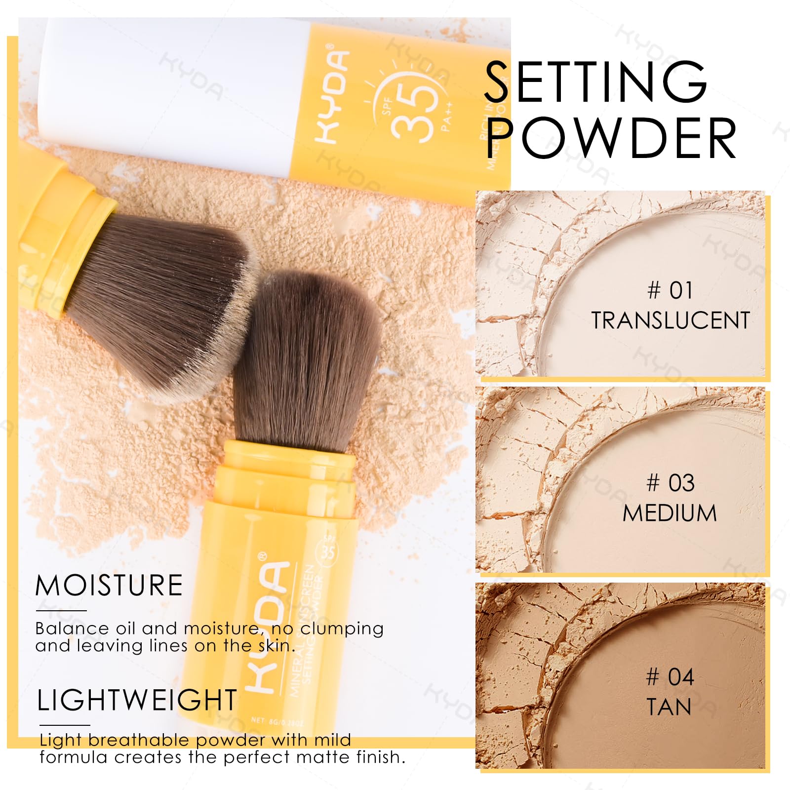 KYDA setting powder with brush-friendly design enables quick on-the-go touch-ups.
