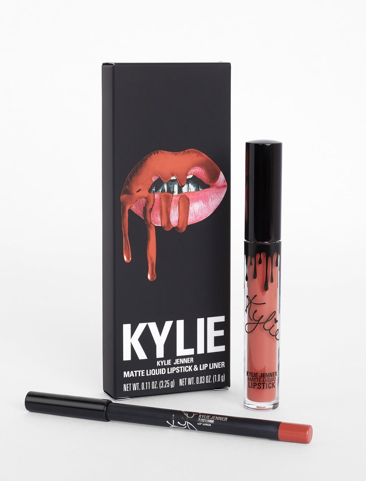 Kylie Cosmetics matte lip kit packaging displays autumn shades for all-day wear.