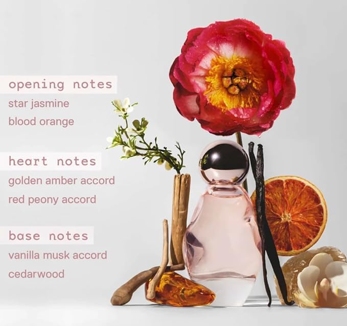 Cosmic by Kylie Jenner highlights amber heart and red peony for a warm, versatile mood.